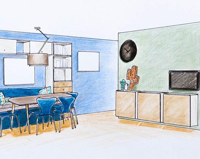 RDD Portfolio tekening_Blij met blauw_perspectief richting keuken